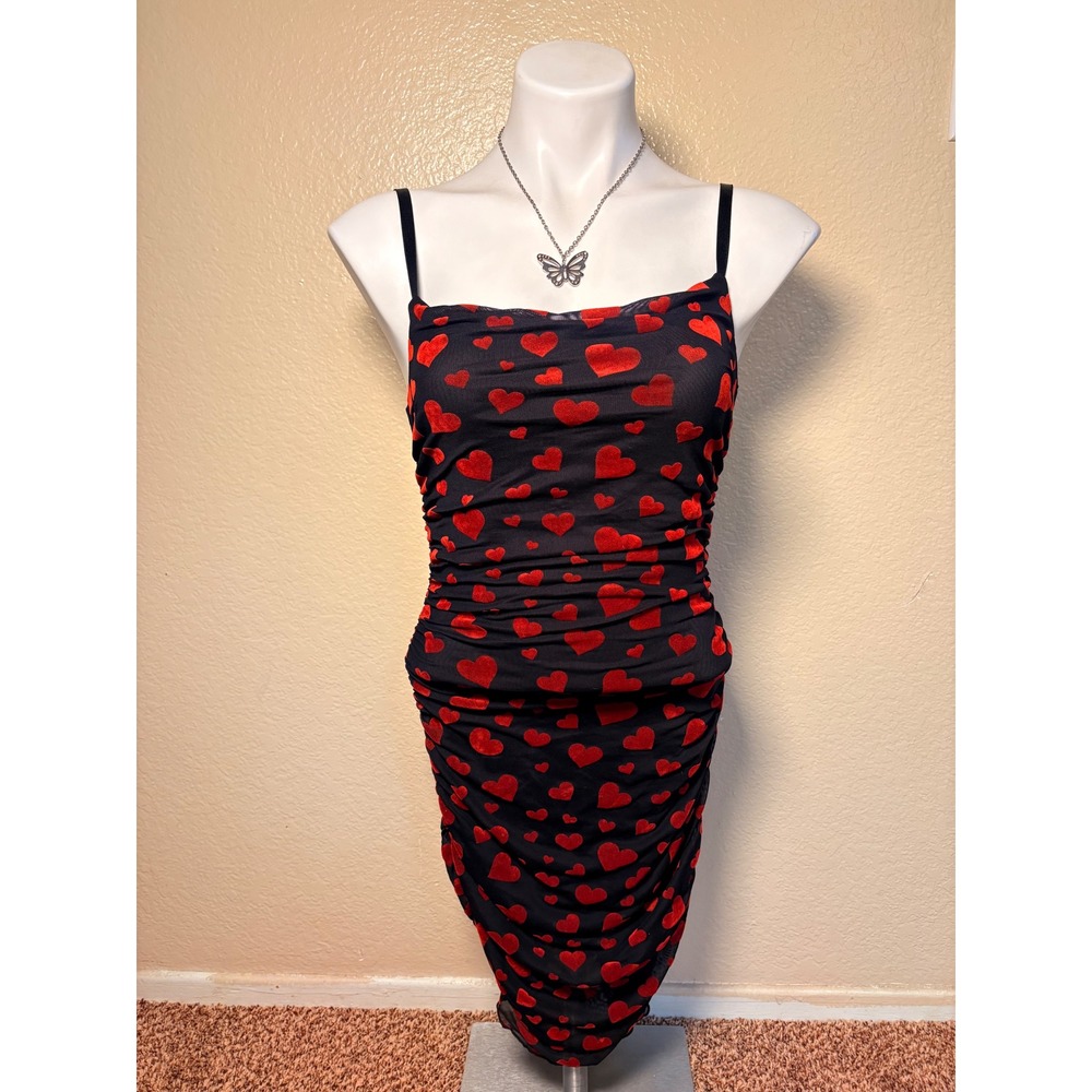 Sugar Thrillz Black Red Flocked Heart Ruched Mesh Bodycon Mini Dress Small #5